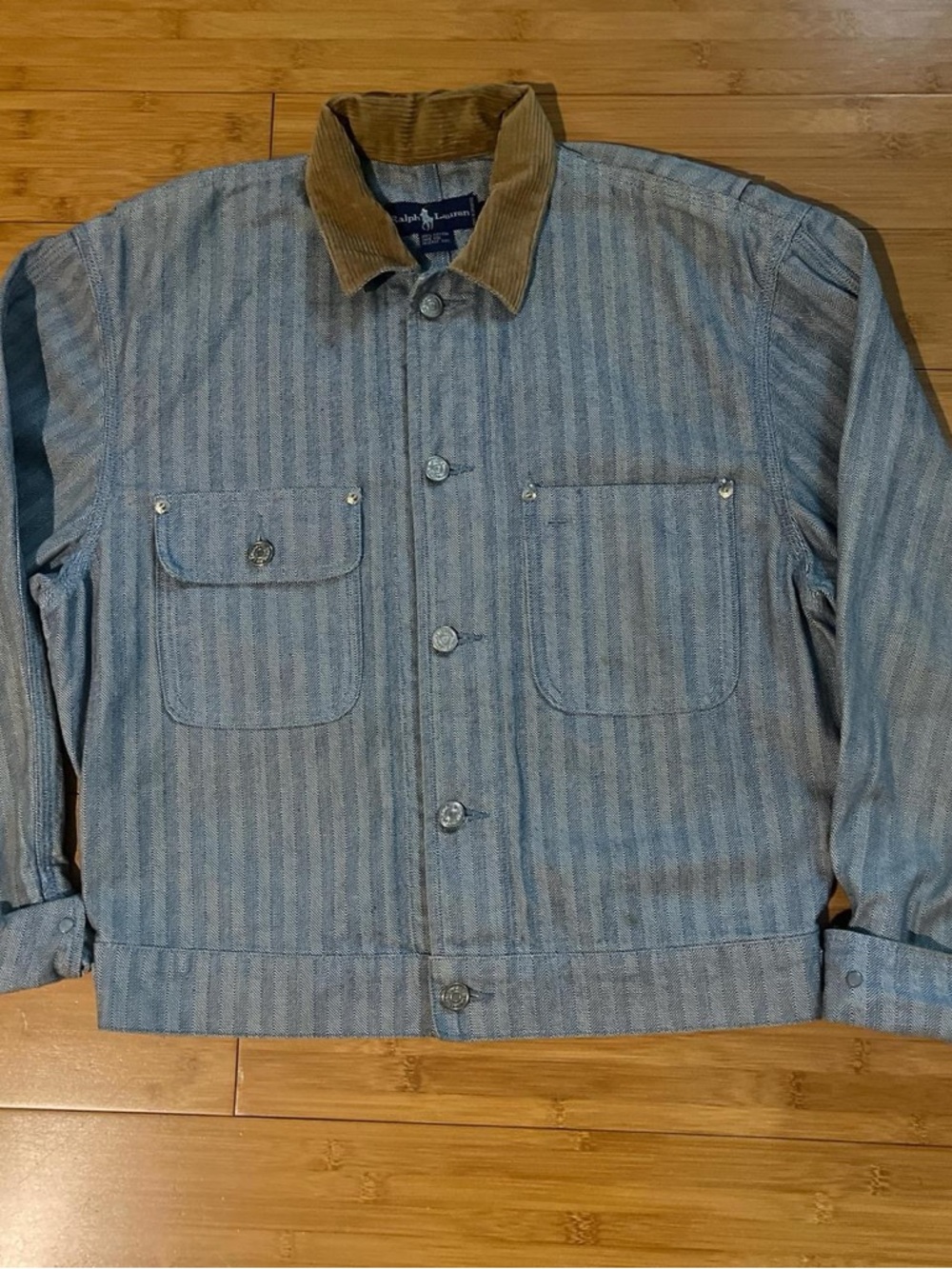 Vintage Men's Blue Stripe polo Ralph Lauren Jacket with Brown Corduroy Collar